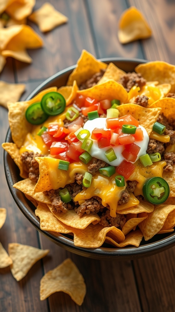 A loaded nachos bowl with cheese, beef, salsa, jalapeños, and sour cream on a wooden table.